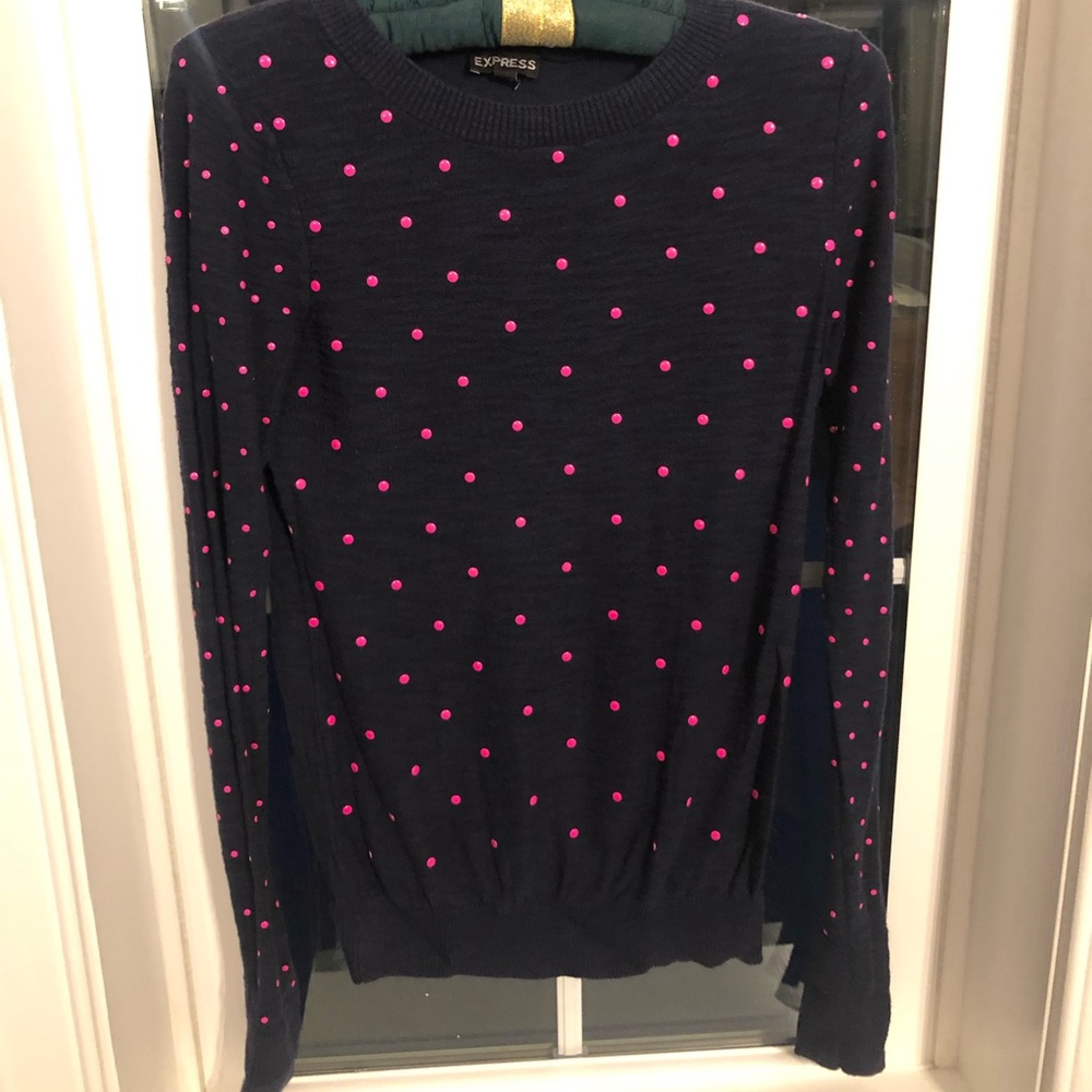 Express navy and hot pink dotted fitted sweater